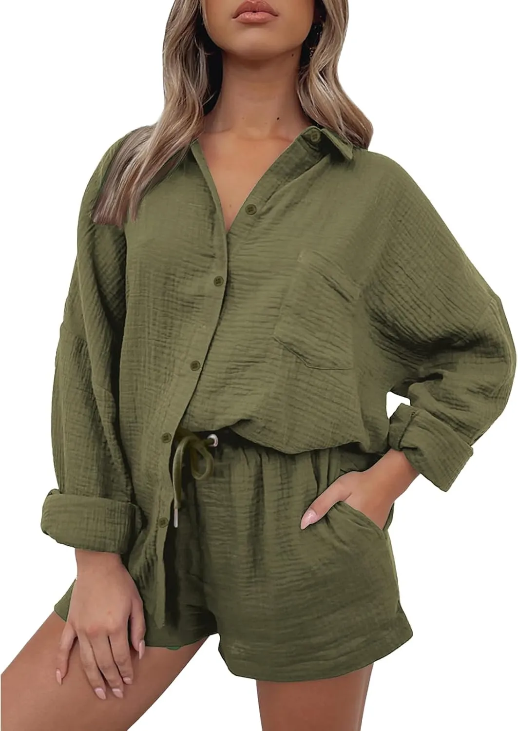 Summer Linen Two Piece Sets for Women Beach Vacation Lounge Sets Oversized Shirts and Shorts Travel Outfits Tracksuits