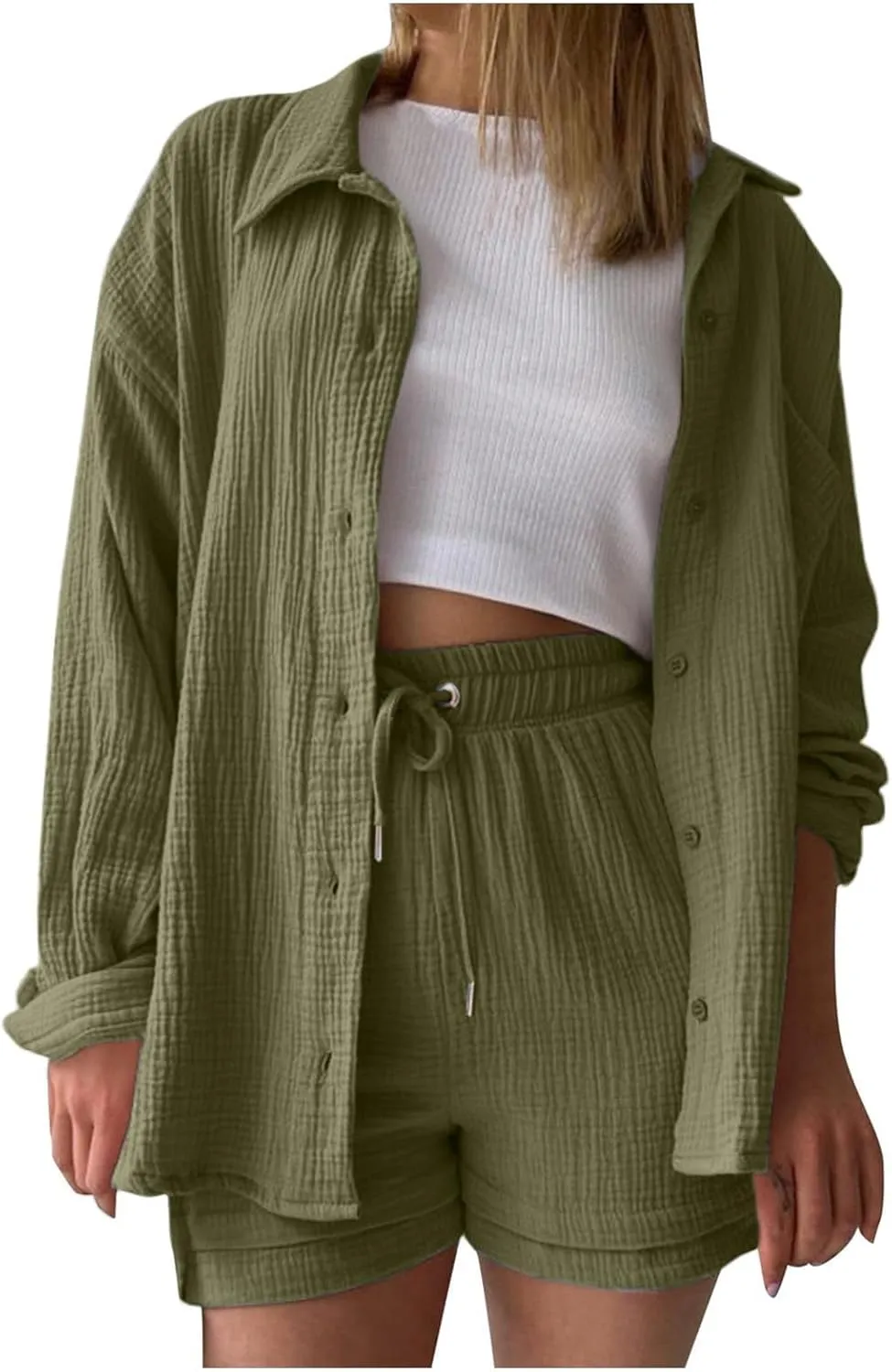 Summer Linen Two Piece Sets for Women Beach Vacation Lounge Sets Oversized Shirts and Shorts Travel Outfits Tracksuits