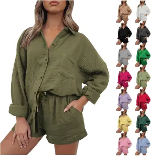 Summer Linen Two Piece Sets for Women Beach Vacation Lounge Sets Oversized Shirts and Shorts Travel Outfits Tracksuits