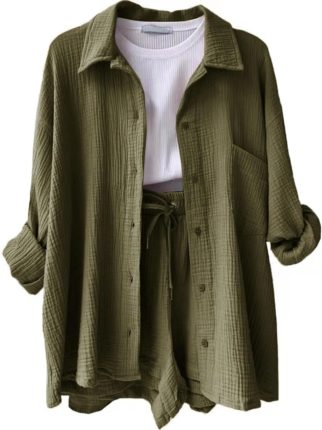 Summer Linen Two Piece Sets for Women Beach Vacation Lounge Sets Oversized Shirts and Shorts Travel Outfits Tracksuits
