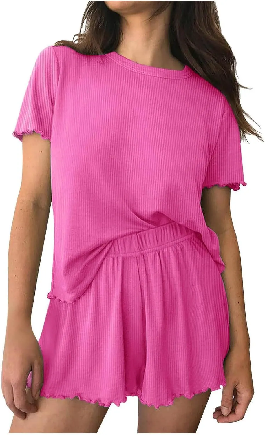 Summer Lounge Sets for Women Comfy Ribbed Knit Short Sleeve Tops Shorts with Pockets Sleepwear 2 Piece Short Sets