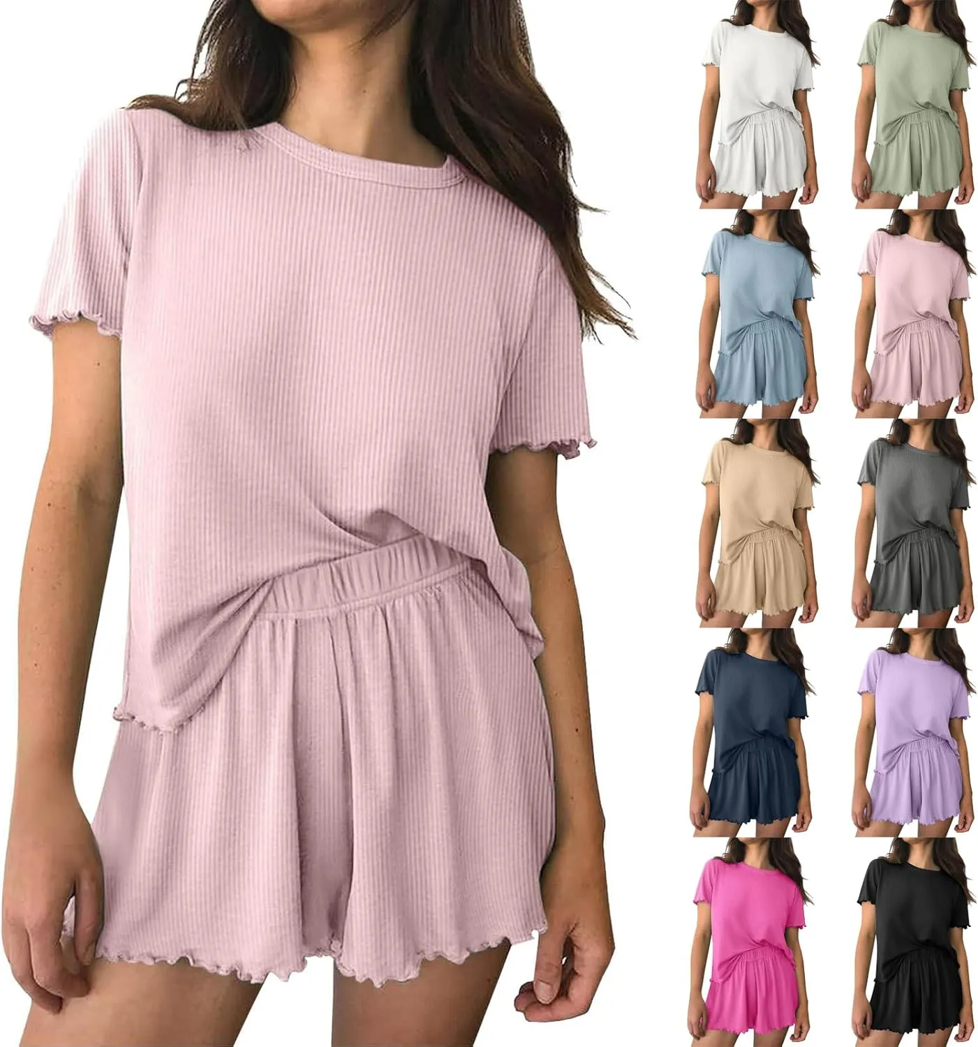 Summer Lounge Sets for Women Comfy Ribbed Knit Short Sleeve Tops Shorts with Pockets Sleepwear 2 Piece Short Sets