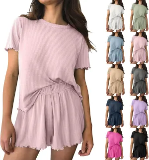Summer Lounge Sets for Women Comfy Ribbed Knit Short Sleeve Tops Shorts with Pockets Sleepwear 2 Piece Short Sets