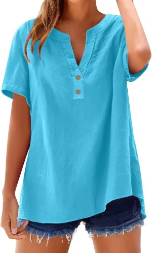 Summer Top for Women 2025 Casual Cotton Linen Short Sleeve T Shirts Plus Size Baggy Solid Color Vneck Button Down Tee