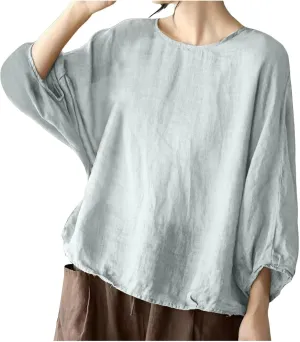 Summer Womens 3 of 4 Sleeve Crew Neck Floral Printed Loose Top T Shirts Casual Linen Tunic Tee Cute Dog Shirt for