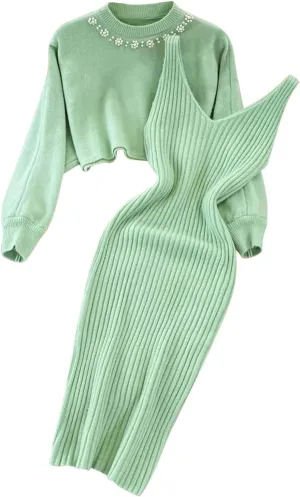 Sweater Dresses for Women 2023 Trendy Elegant 2 Piece Outfits Ribbed Knit Cropped Sweaters Bodycon Midi Dresses Lounge Set