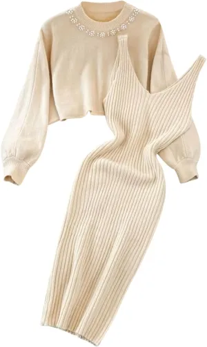 Sweater Dresses for Women 2023 Trendy Elegant 2 Piece Outfits Ribbed Knit Cropped Sweaters Bodycon Midi Dresses Lounge Set