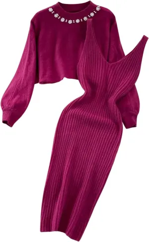 Sweater Dresses for Women 2023 Trendy Elegant 2 Piece Outfits Ribbed Knit Cropped Sweaters Bodycon Midi Dresses Lounge Set