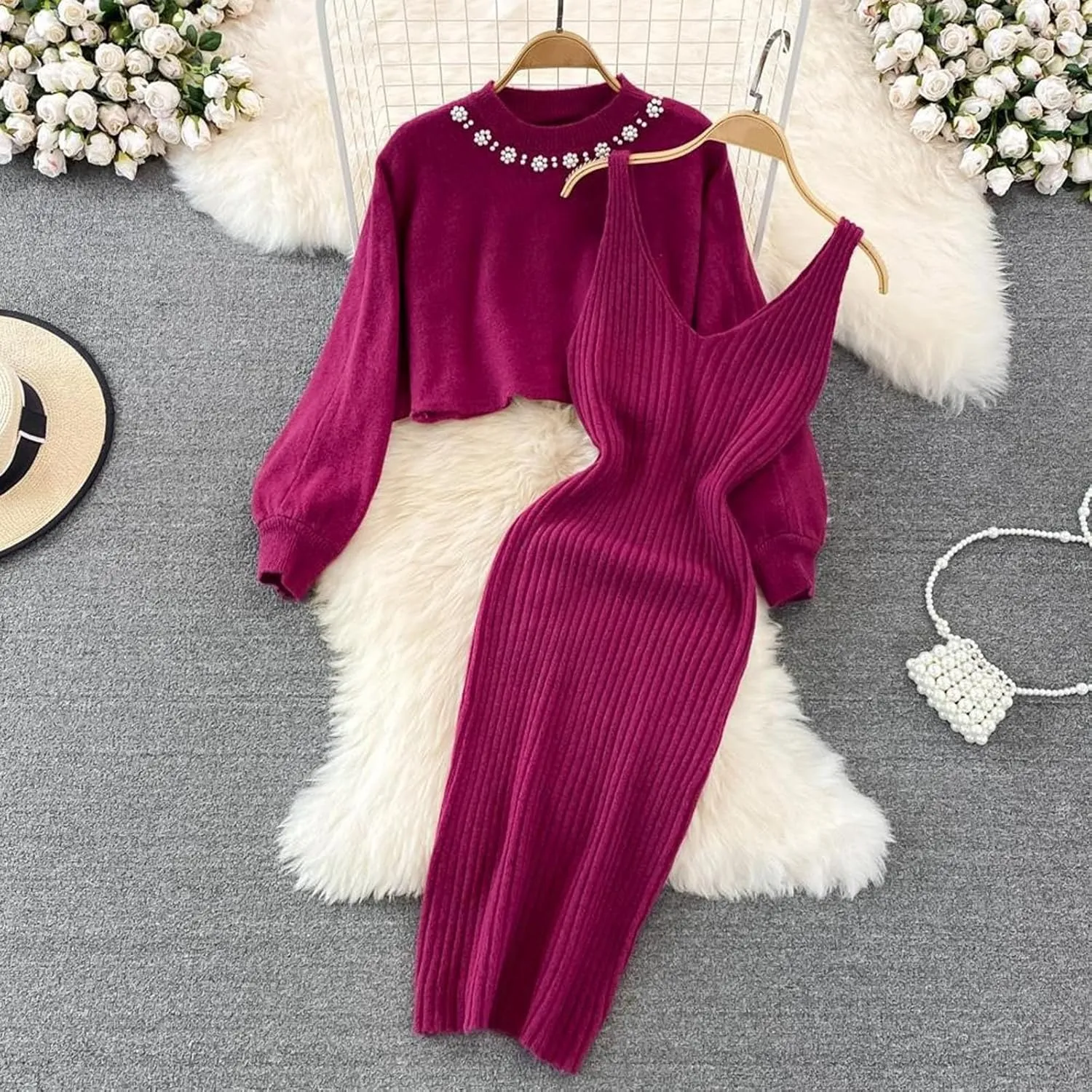 Sweater Dresses for Women 2023 Trendy Elegant 2 Piece Outfits Ribbed Knit Cropped Sweaters Bodycon Midi Dresses Lounge Set