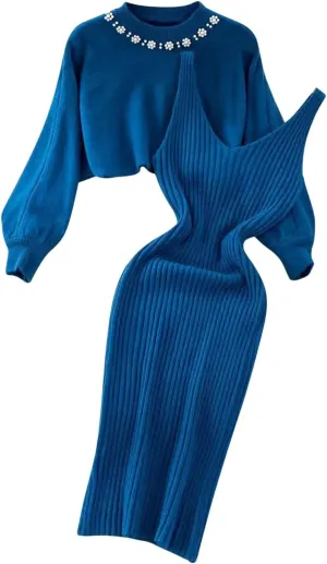 Sweater Dresses for Women 2023 Trendy Elegant 2 Piece Outfits Ribbed Knit Cropped Sweaters Bodycon Midi Dresses Lounge Set