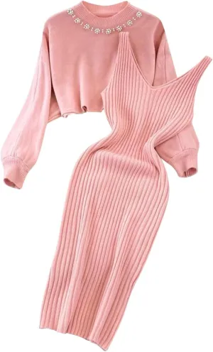 Sweater Dresses for Women 2023 Trendy Elegant 2 Piece Outfits Ribbed Knit Cropped Sweaters Bodycon Midi Dresses Lounge Set