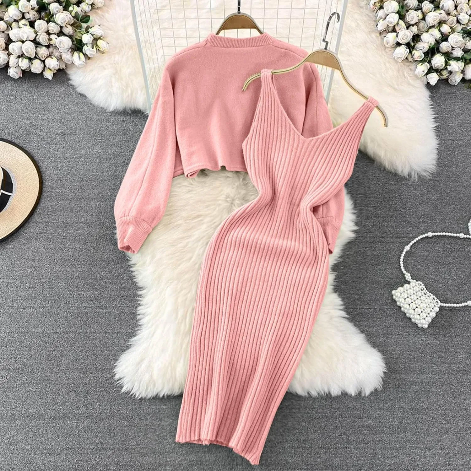 Sweater Dresses for Women 2023 Trendy Elegant 2 Piece Outfits Ribbed Knit Cropped Sweaters Bodycon Midi Dresses Lounge Set