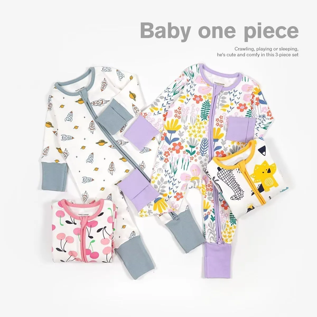 Teach Leanbh Unisex Baby Footless Pajamas with Mittens and Feet Cuffs Cotton 2 Way Zipper Long Sleeve Romper Sleep and Play