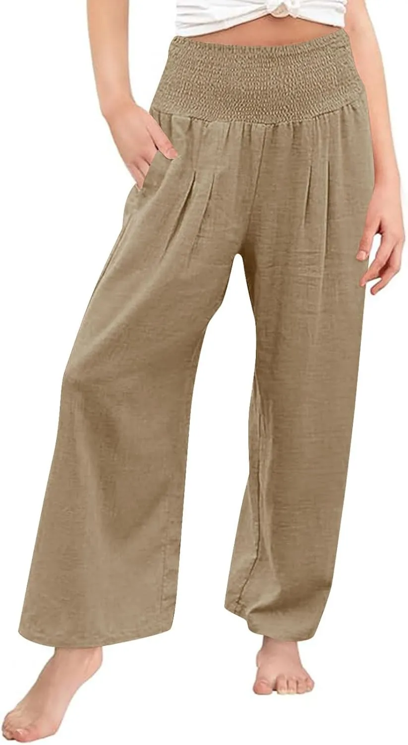 Teen Kids Girls Cotton Linen Palazzo Pants High Waist Casual Wide Leg Pant Beach Travel Resort Trousers