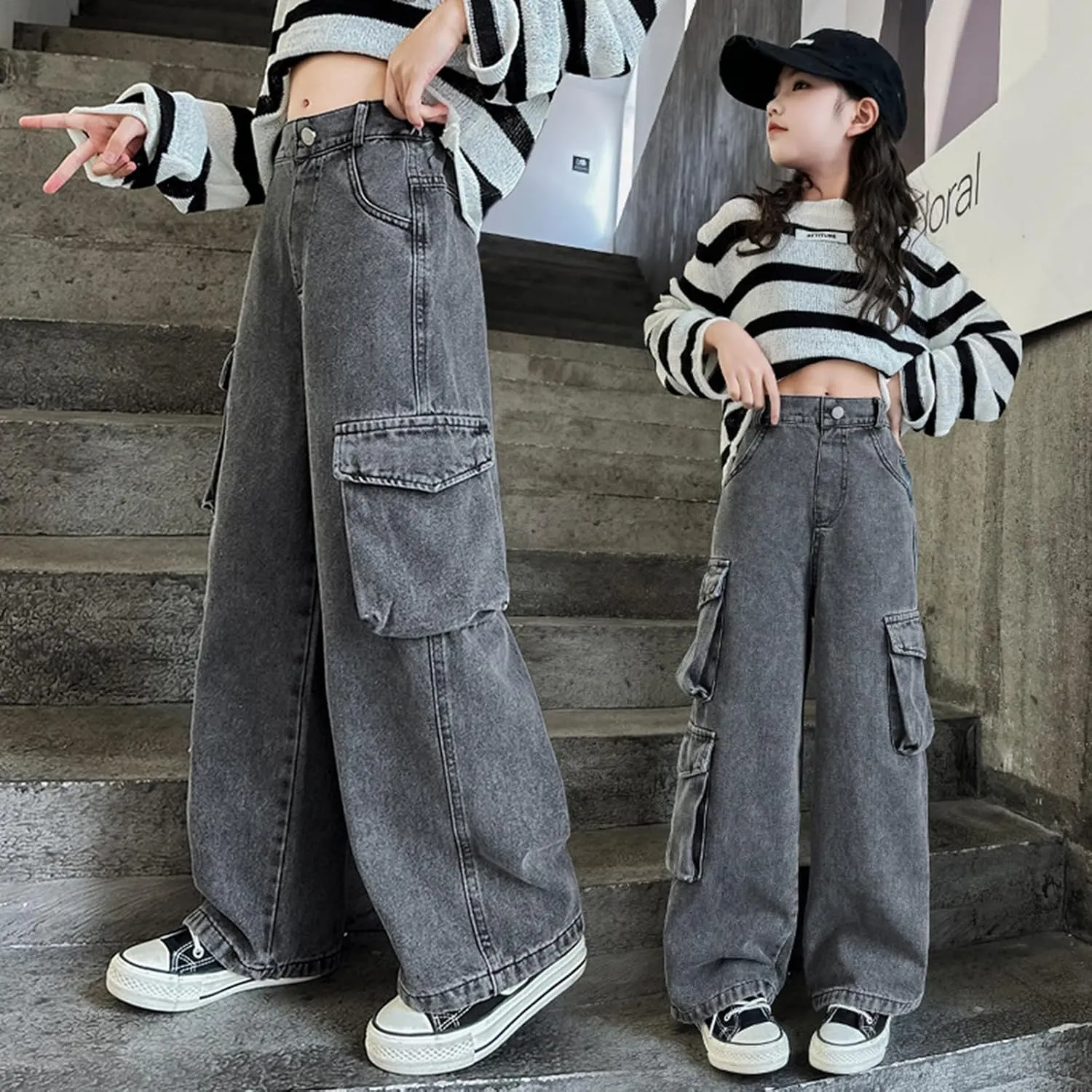 Teens Girls Streetwear Jeans Wide Leg Pants Baggy Jeans Elastic High Waist Denim Cargo Pants Y2K Clothes Casual Overalls
