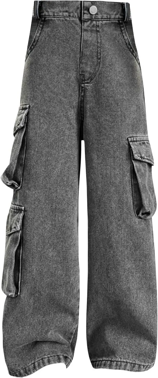 Teens Girls Streetwear Jeans Wide Leg Pants Baggy Jeans Elastic High Waist Denim Cargo Pants Y2K Clothes Casual Overalls