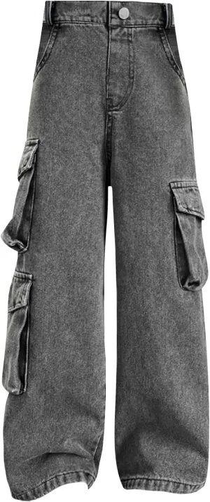 Teens Girls Streetwear Jeans Wide Leg Pants Baggy Jeans Elastic High Waist Denim Cargo Pants Y2K Clothes Casual Overalls