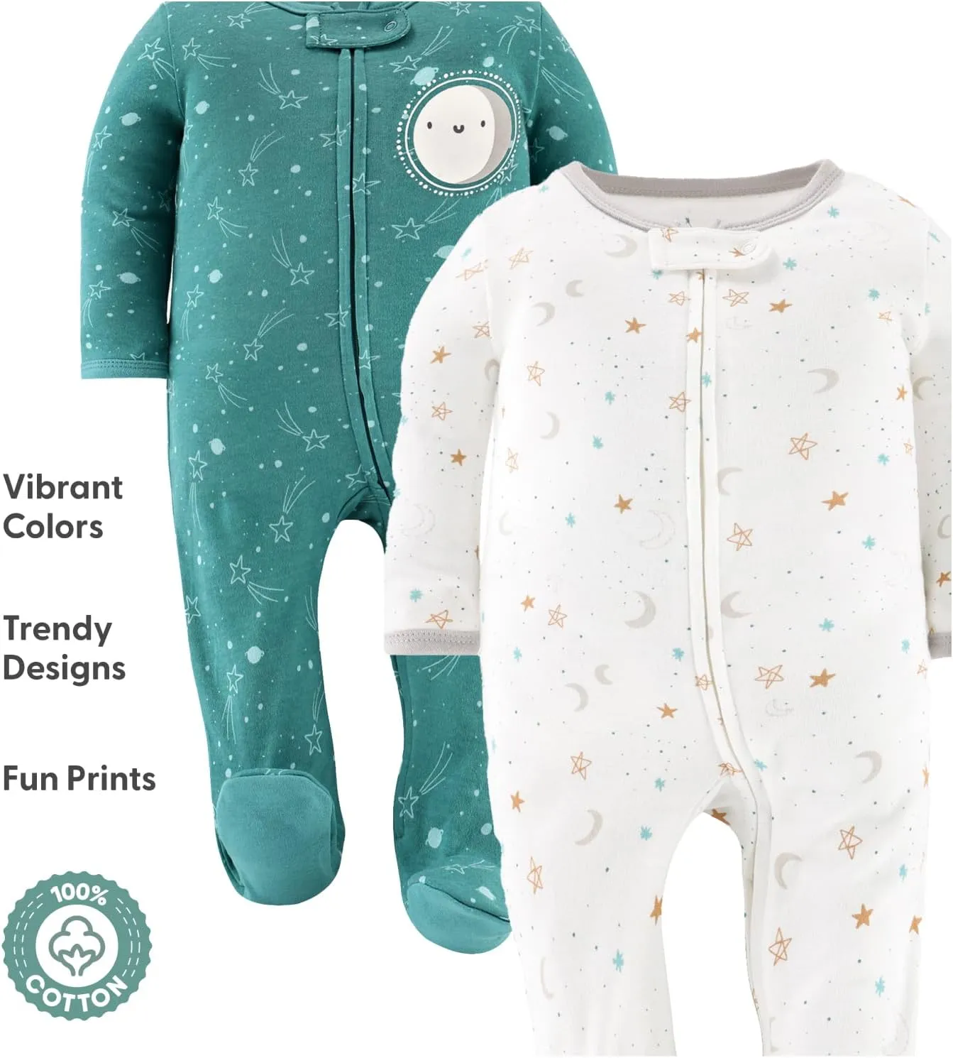 The Peanutshell Baby Sleepers for Boys or Girls Set of 3 - Soft Cotton Unisex Footed Pajamas for Newborns - Celestial