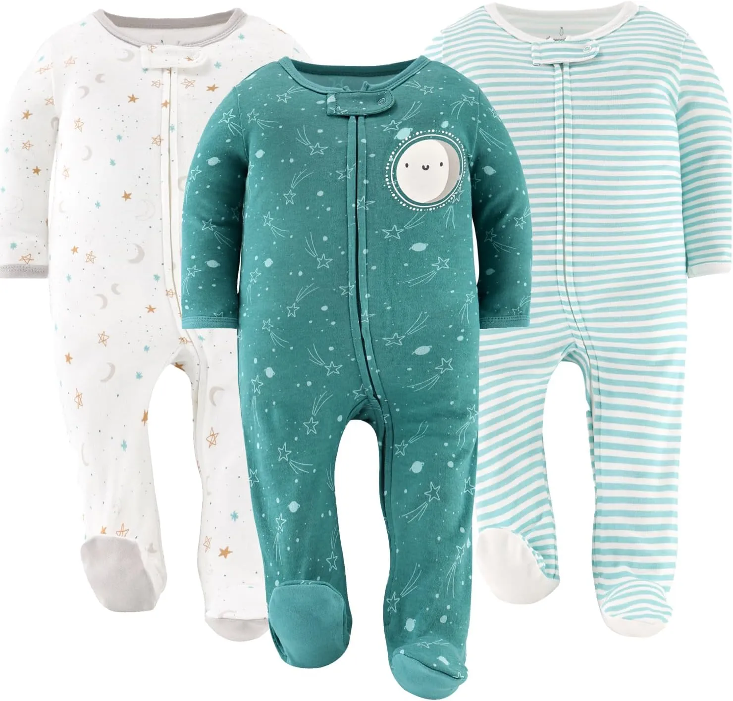 The Peanutshell Baby Sleepers for Boys or Girls Set of 3 - Soft Cotton Unisex Footed Pajamas for Newborns - Celestial