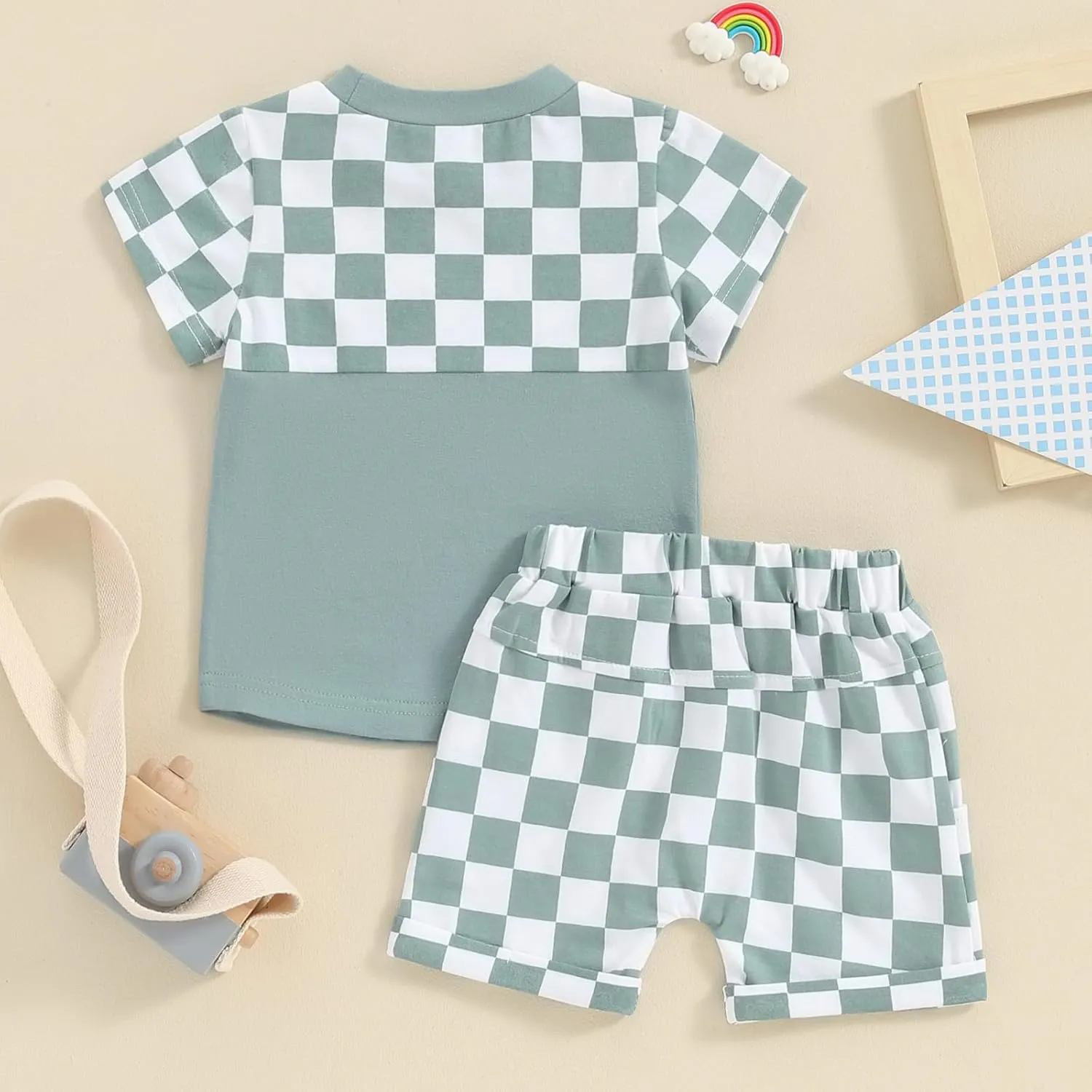 Toddler Baby Boy Girl Summer Clothes Checkerboard Print Short Sleeve T-Shirt Tee Tops Rolled Shorts Infant Outfits