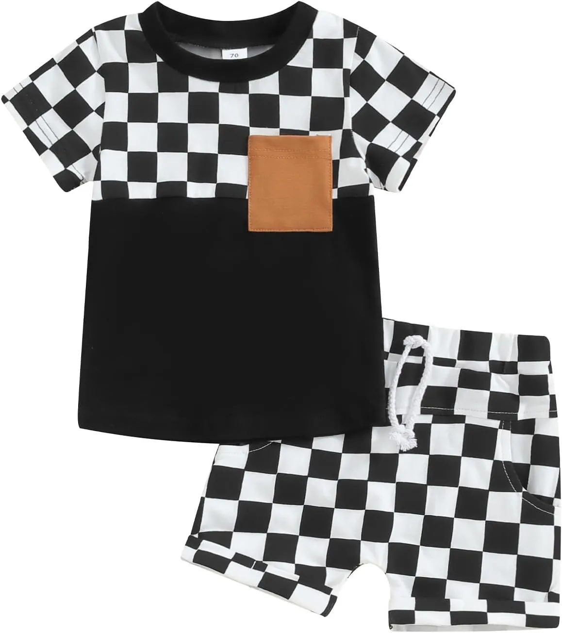 Toddler Baby Boy Girl Summer Clothes Checkerboard Print Short Sleeve T-Shirt Tee Tops Rolled Shorts Infant Outfits