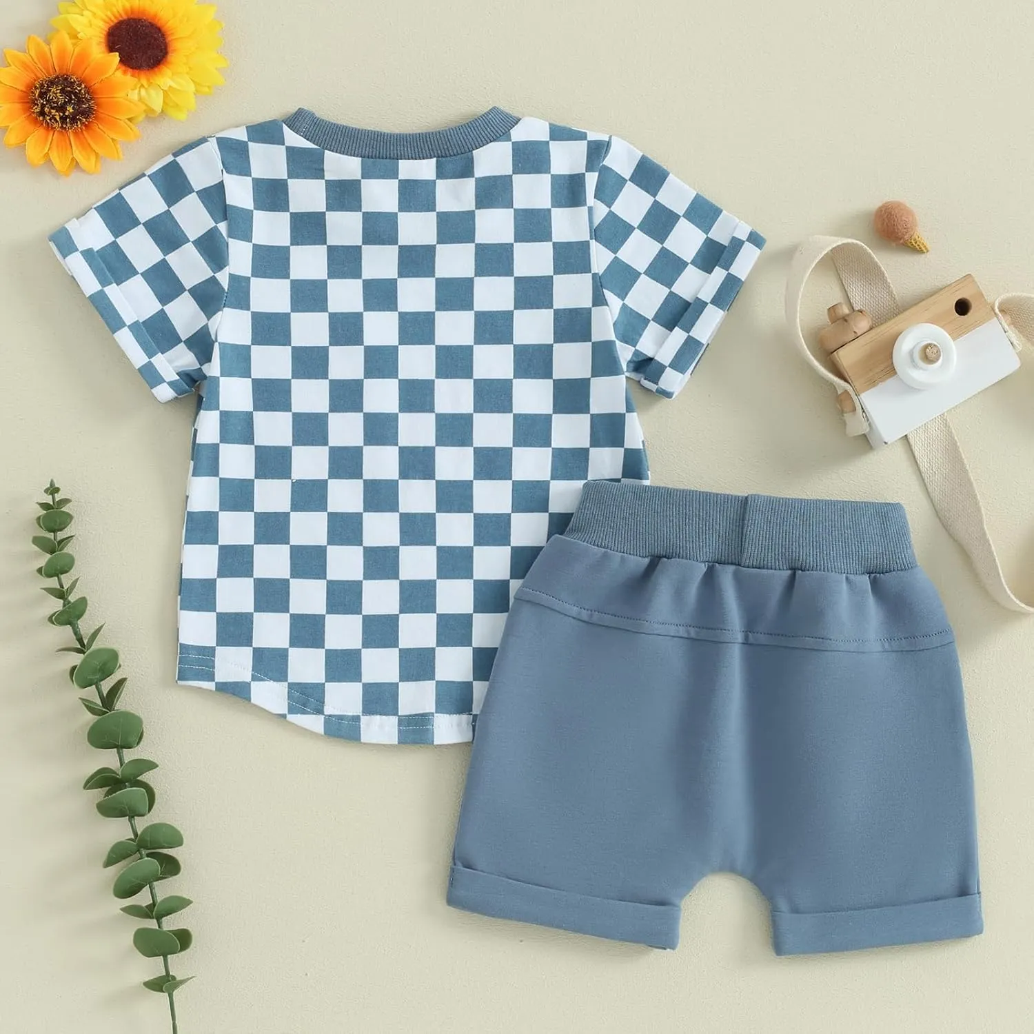 Toddler Baby Boy Girl Summer Clothes Checkerboard Print Short Sleeve T-Shirt Tee Tops Rolled Shorts Infant Outfits