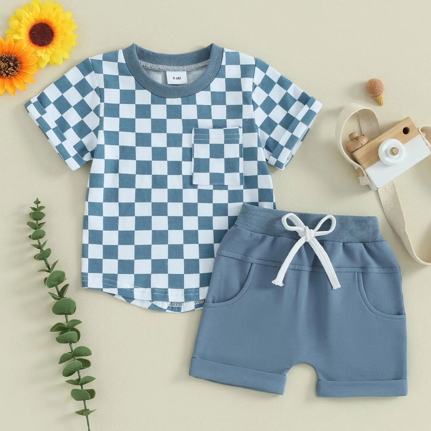 Toddler Baby Boy Girl Summer Clothes Checkerboard Print Short Sleeve T-Shirt Tee Tops Rolled Shorts Infant Outfits