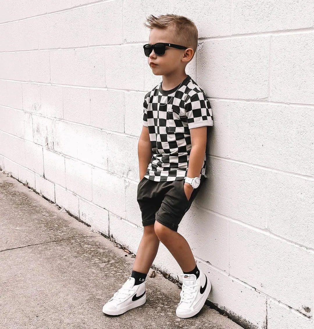 Toddler Baby Boy Girl Summer Clothes Checkerboard Print Short Sleeve T-Shirt Tee Tops Rolled Shorts Infant Outfits