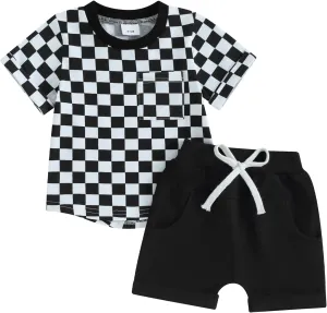 Toddler Baby Boy Girl Summer Clothes Checkerboard Print Short Sleeve T-Shirt Tee Tops Rolled Shorts Infant Outfits