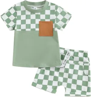 Toddler Baby Boy Girl Summer Clothes Checkerboard Print Short Sleeve T-Shirt Tee Tops Rolled Shorts Infant Outfits