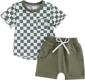 Toddler Baby Boy Girl Summer Clothes Checkerboard Print Short Sleeve T-Shirt Tee Tops Rolled Shorts Infant Outfits