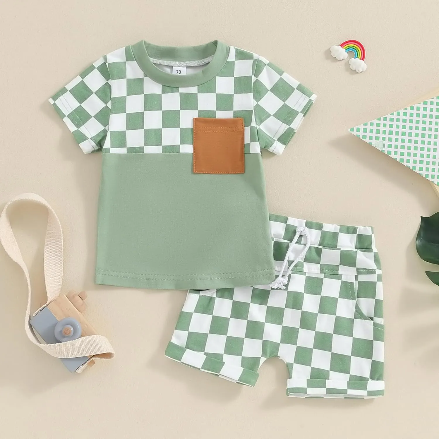Toddler Baby Boy Girl Summer Clothes Checkerboard Print Short Sleeve T-Shirt Tee Tops Rolled Shorts Infant Outfits