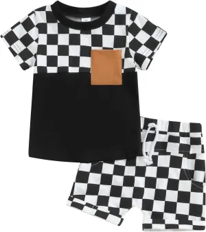 Toddler Baby Boy Girl Summer Clothes Checkerboard Print Short Sleeve T-Shirt Tee Tops Rolled Shorts Infant Outfits