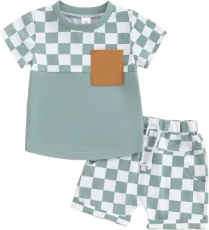 Toddler Baby Boy Girl Summer Clothes Checkerboard Print Short Sleeve T-Shirt Tee Tops Rolled Shorts Infant Outfits