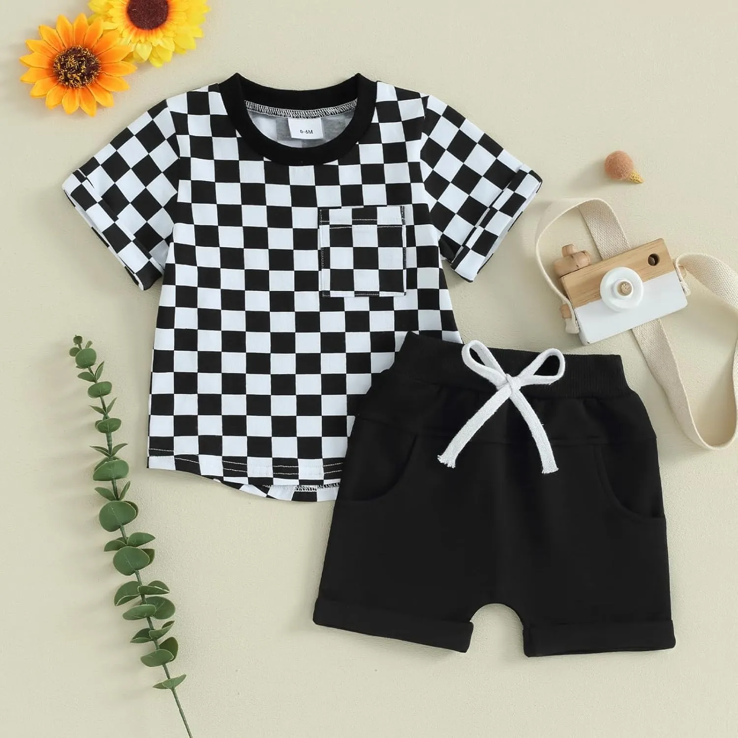 Toddler Baby Boy Girl Summer Clothes Checkerboard Print Short Sleeve T-Shirt Tee Tops Rolled Shorts Infant Outfits