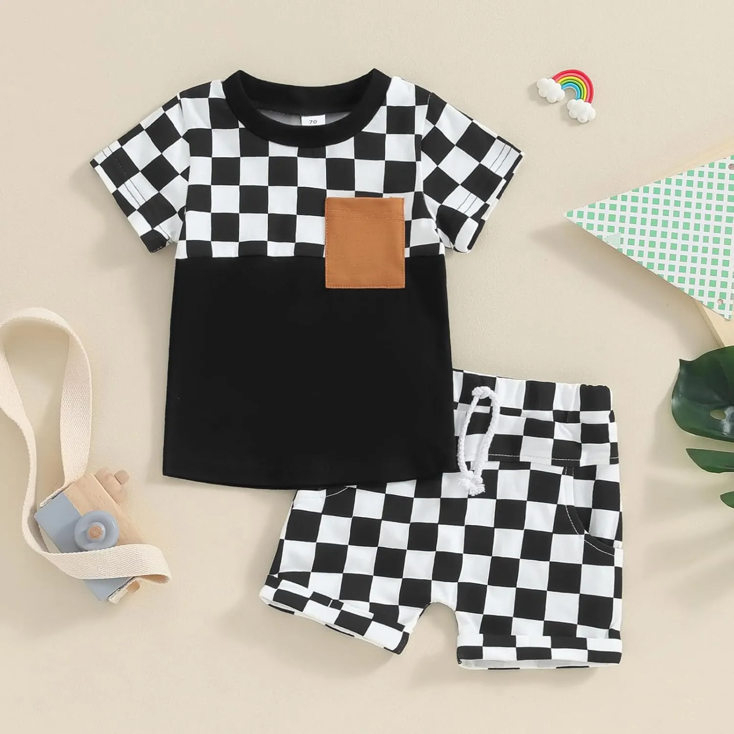 Toddler Baby Boy Girl Summer Clothes Checkerboard Print Short Sleeve T-Shirt Tee Tops Rolled Shorts Infant Outfits