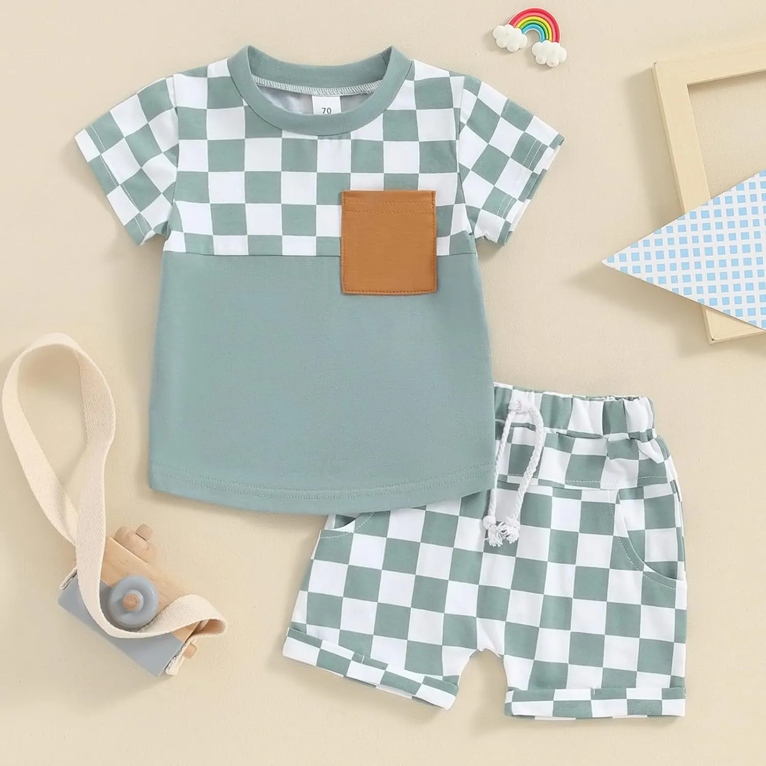 Toddler Baby Boy Girl Summer Clothes Checkerboard Print Short Sleeve T-Shirt Tee Tops Rolled Shorts Infant Outfits