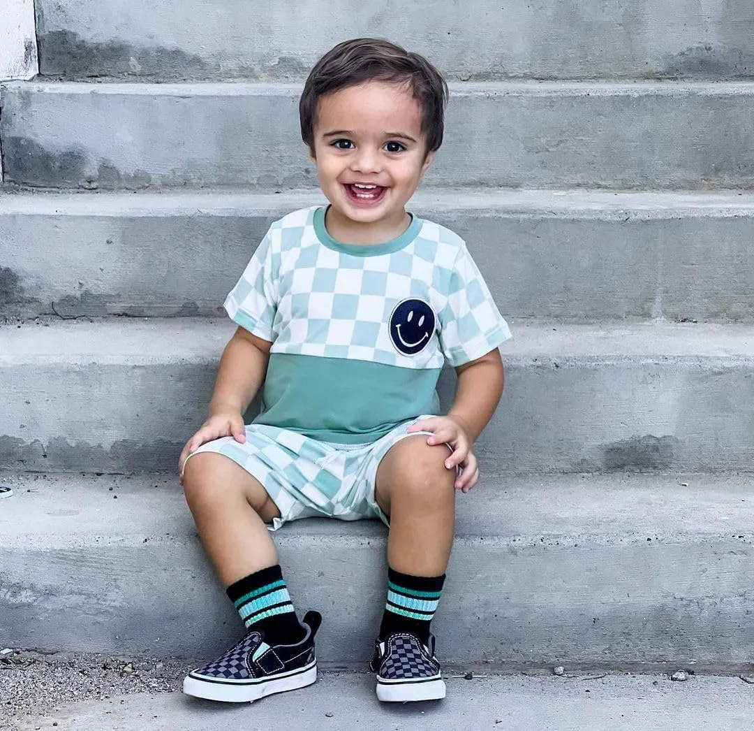 Toddler Baby Boy Girl Summer Clothes Checkerboard Print Short Sleeve T-Shirt Tee Tops Rolled Shorts Infant Outfits
