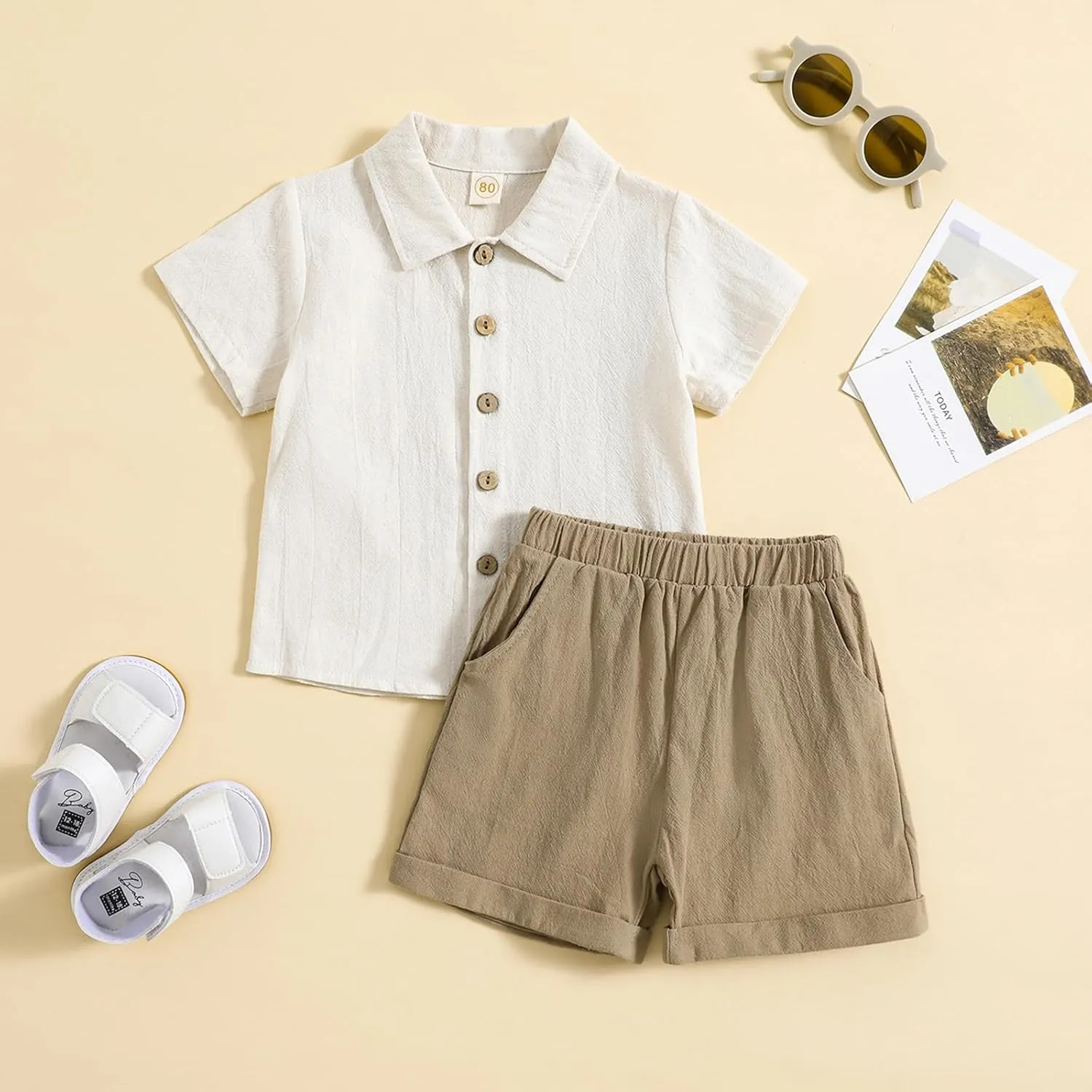 Toddler Baby Boy Linen Outfit Button Down Shirt Plain Shorts Cute Infant Newborn Photoshoot Clothes Summer 2Pcs Set