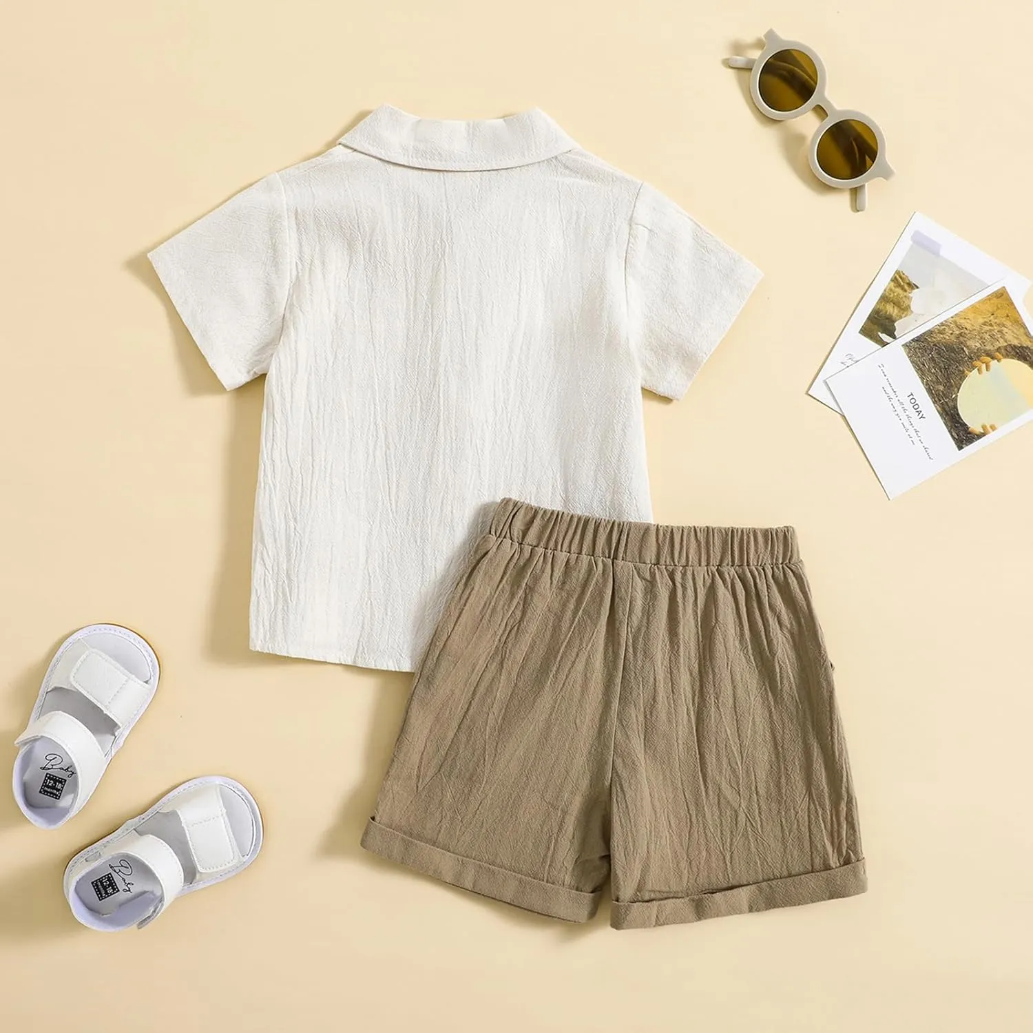 Toddler Baby Boy Linen Outfit Button Down Shirt Plain Shorts Cute Infant Newborn Photoshoot Clothes Summer 2Pcs Set