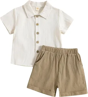 Toddler Baby Boy Linen Outfit Button Down Shirt Plain Shorts Cute Infant Newborn Photoshoot Clothes Summer 2Pcs Set