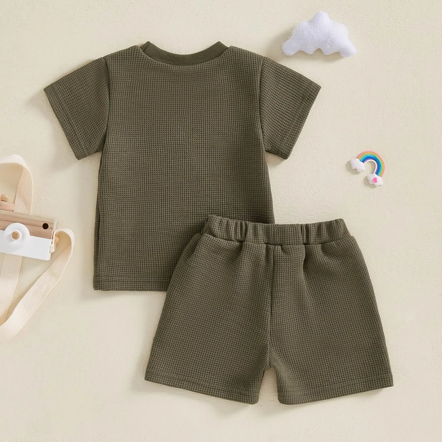 Toddler Baby Boy Summer Clothes Embroidered Waffle Short Sleeve T-Shirts Elastic Shorts Newborn Infant Boy Outfits