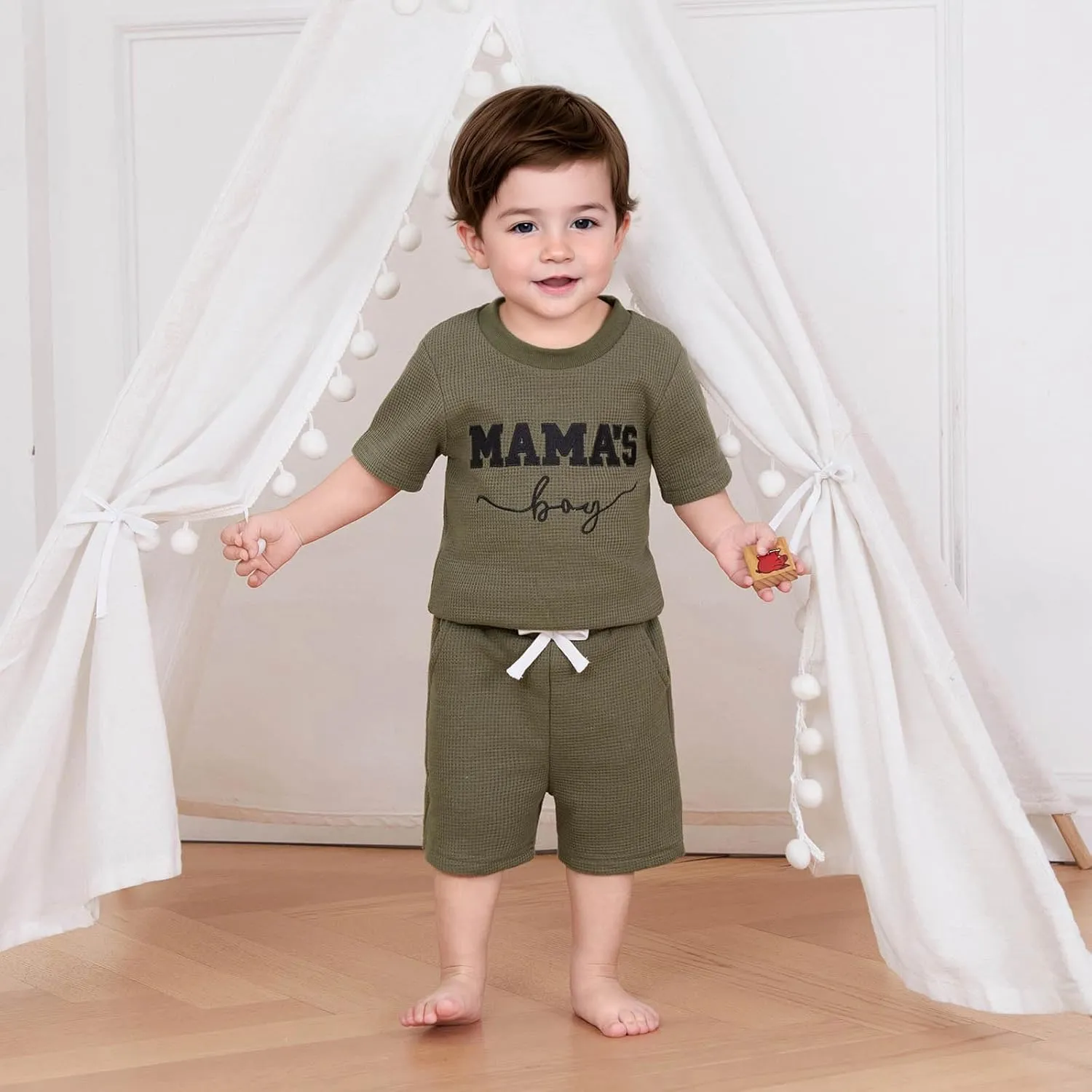 Toddler Baby Boy Summer Clothes Embroidered Waffle Short Sleeve T-Shirts Elastic Shorts Newborn Infant Boy Outfits