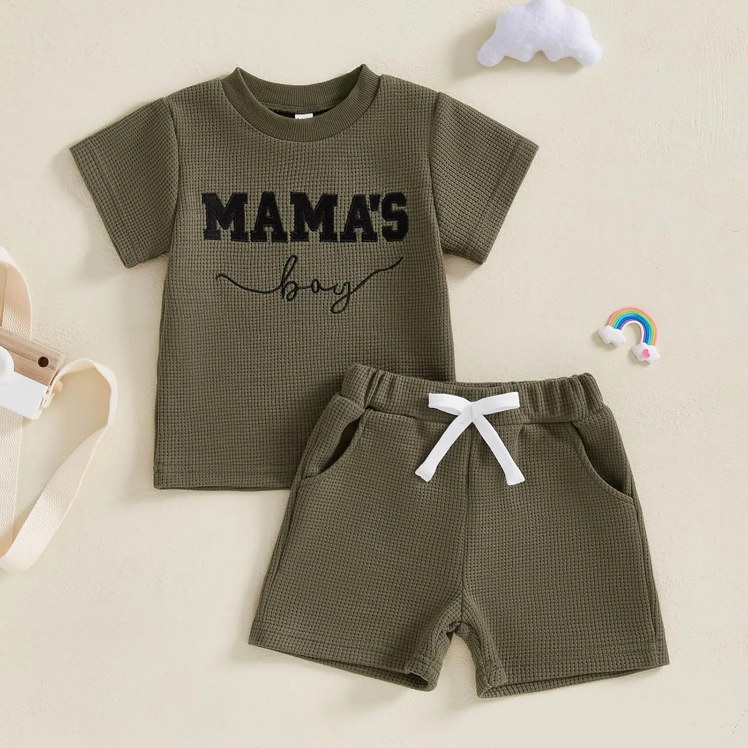Toddler Baby Boy Summer Clothes Embroidered Waffle Short Sleeve T-Shirts Elastic Shorts Newborn Infant Boy Outfits