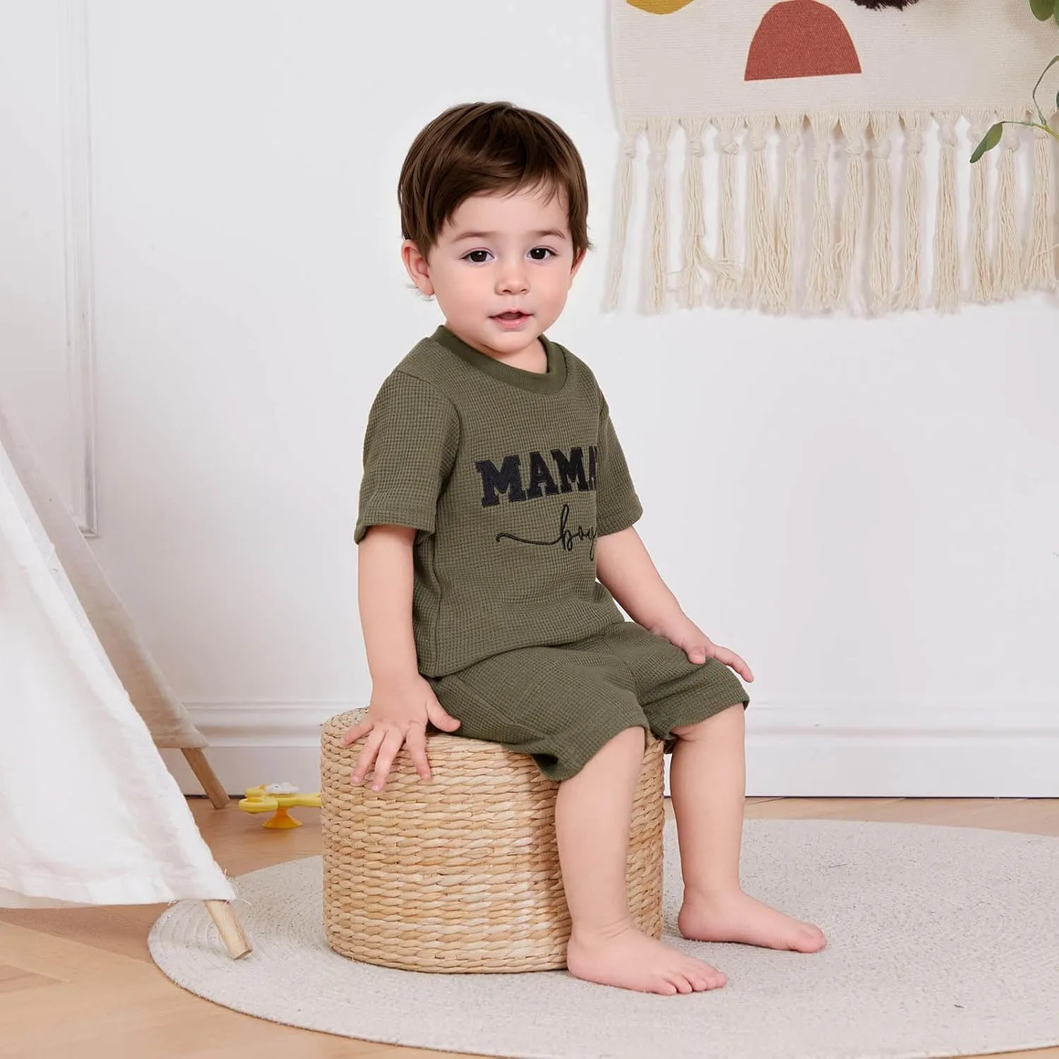 Toddler Baby Boy Summer Clothes Embroidered Waffle Short Sleeve T-Shirts Elastic Shorts Newborn Infant Boy Outfits