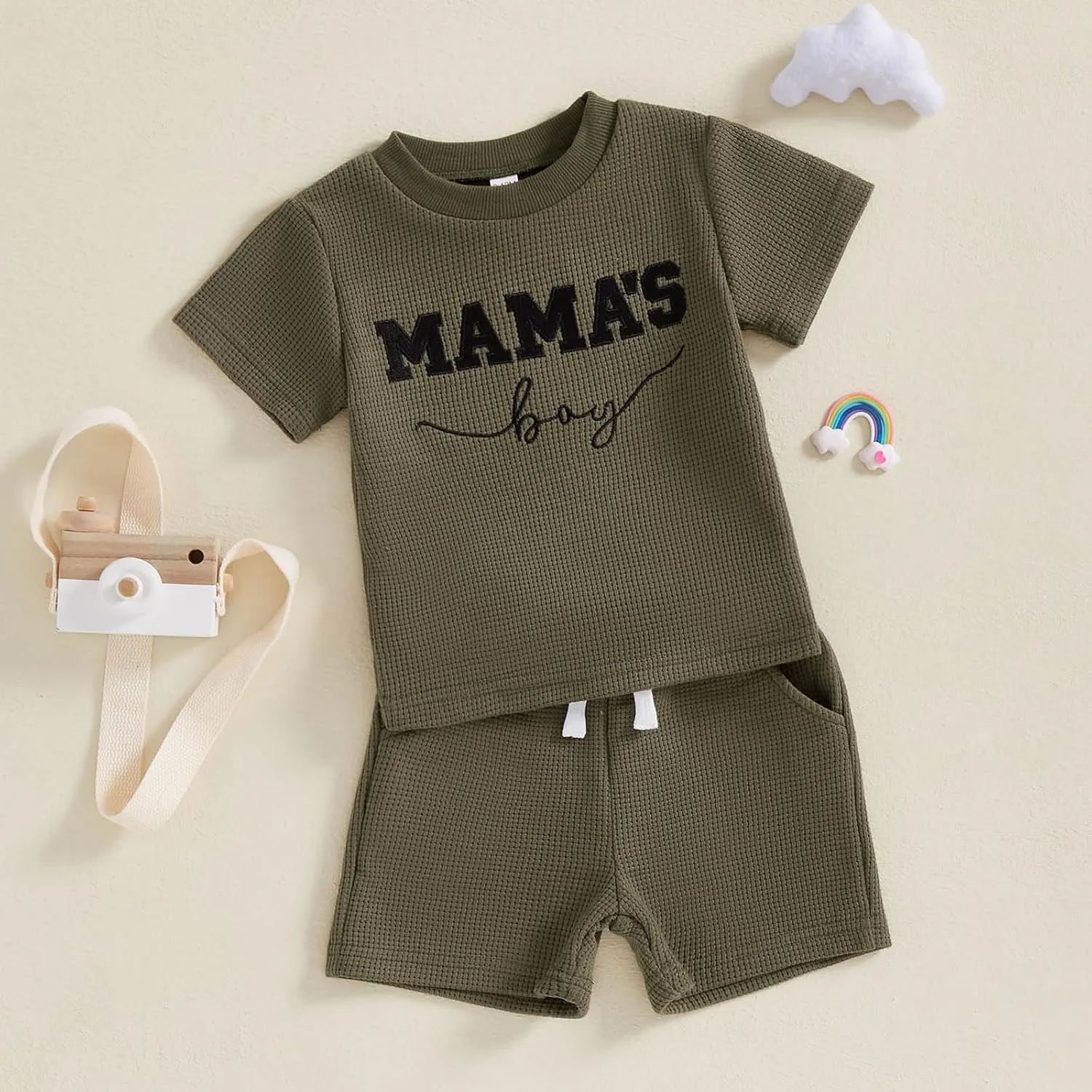 Toddler Baby Boy Summer Clothes Embroidered Waffle Short Sleeve T-Shirts Elastic Shorts Newborn Infant Boy Outfits