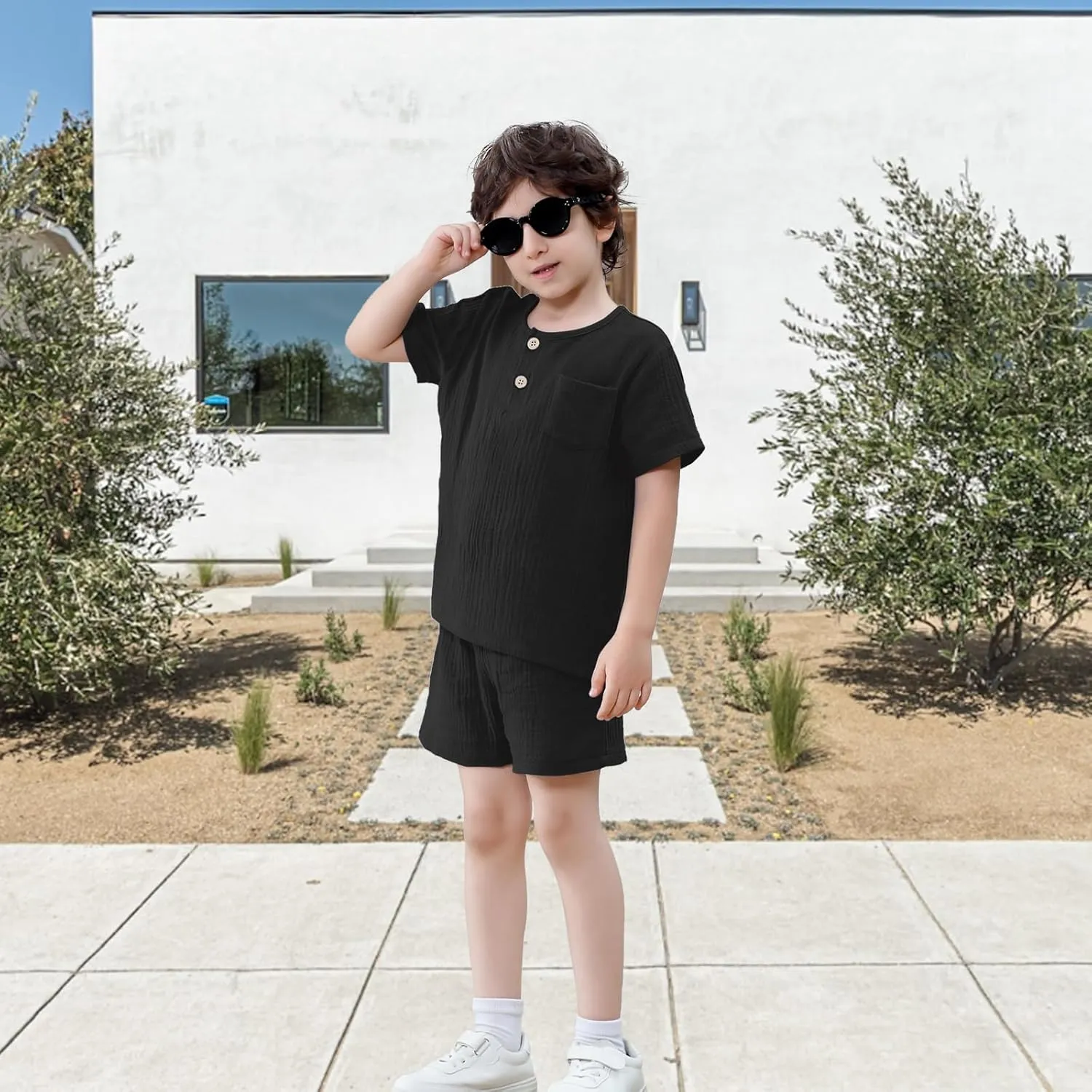 Toddler Baby Boys Outfit Cotton Linen Set Button Up Short Sleeve Shirts and Shorts Set Baby Boy Summer Clothes Outfit