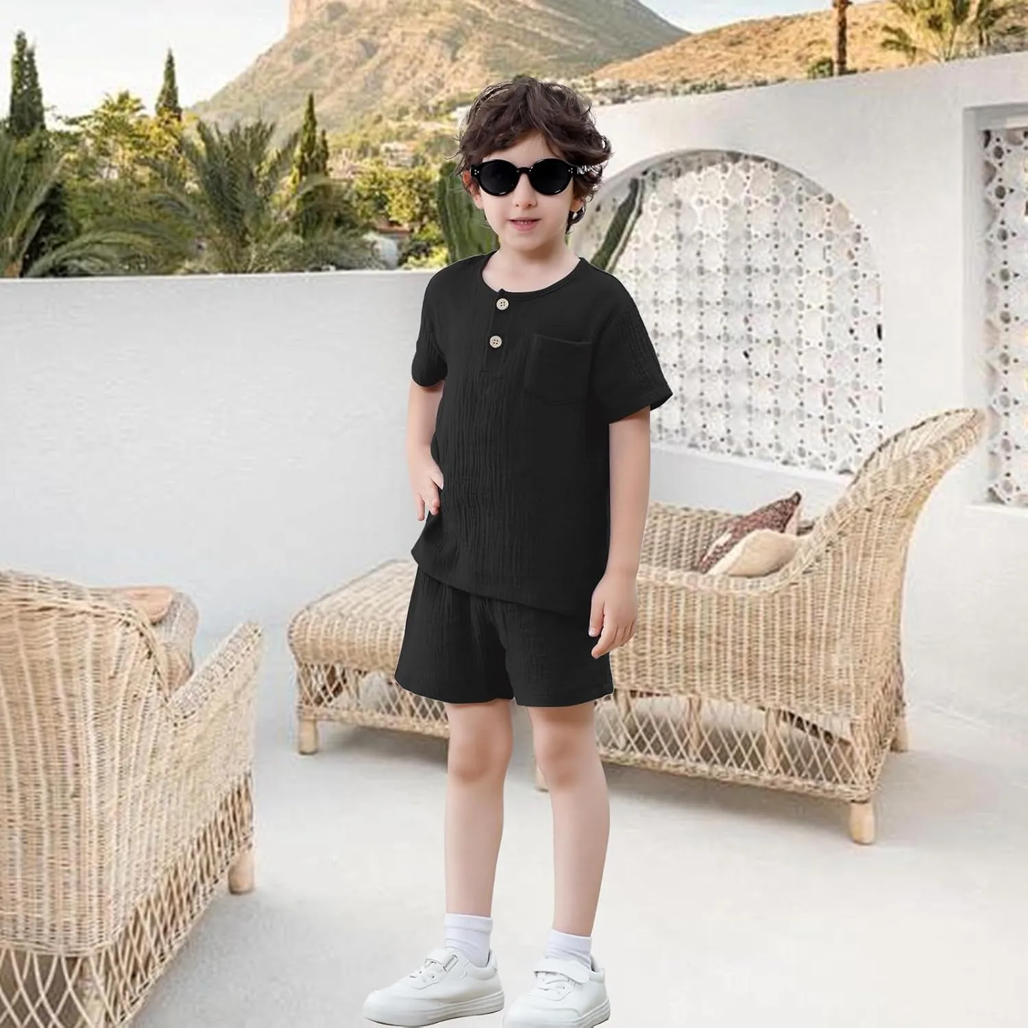 Toddler Baby Boys Outfit Cotton Linen Set Button Up Short Sleeve Shirts and Shorts Set Baby Boy Summer Clothes Outfit