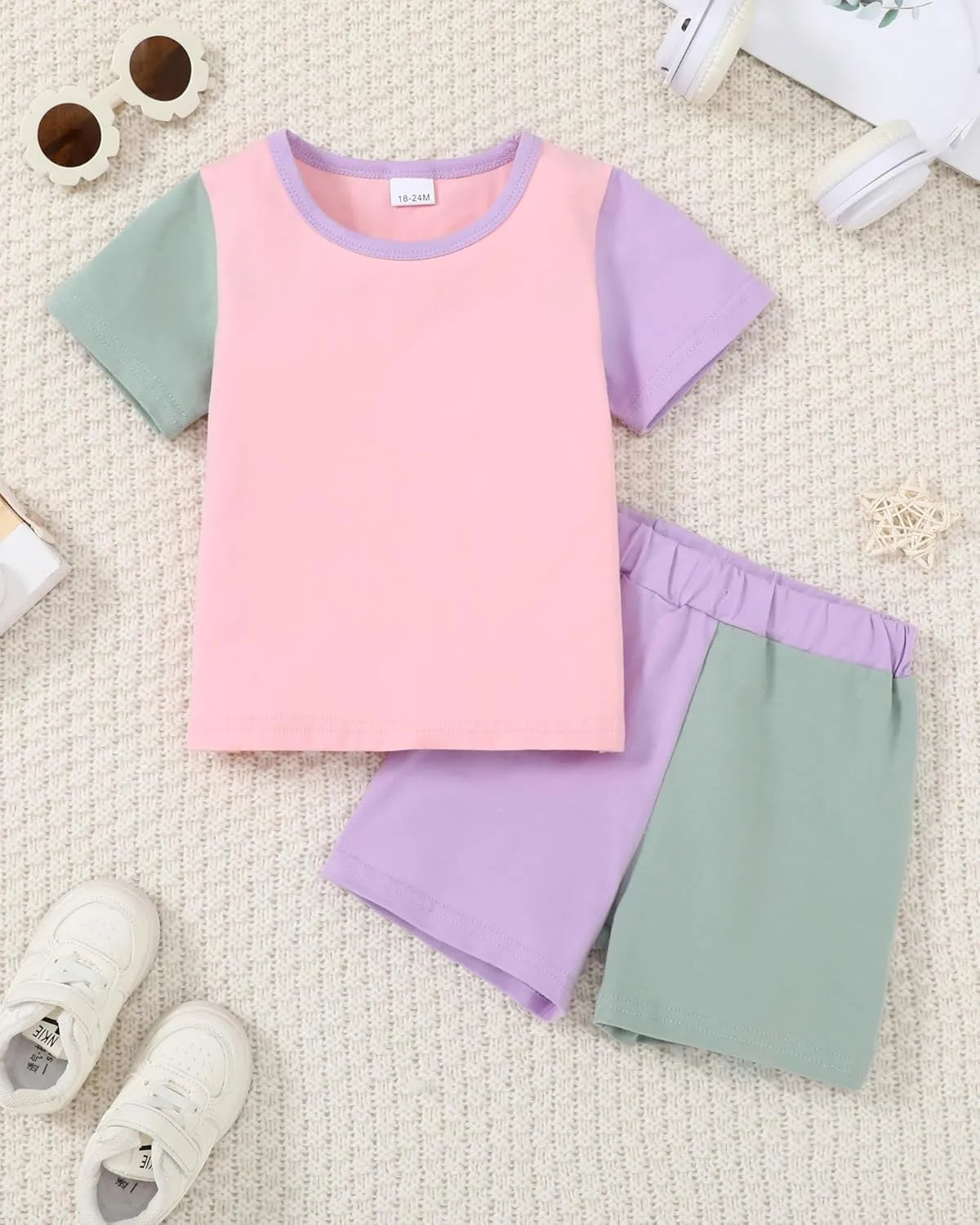 Toddler Baby Girl Clothes Summer Outfits Contrast Short Sleeve T-Shirts Tops Shorts 2Pcs Girls Clothing Sets 1-5T