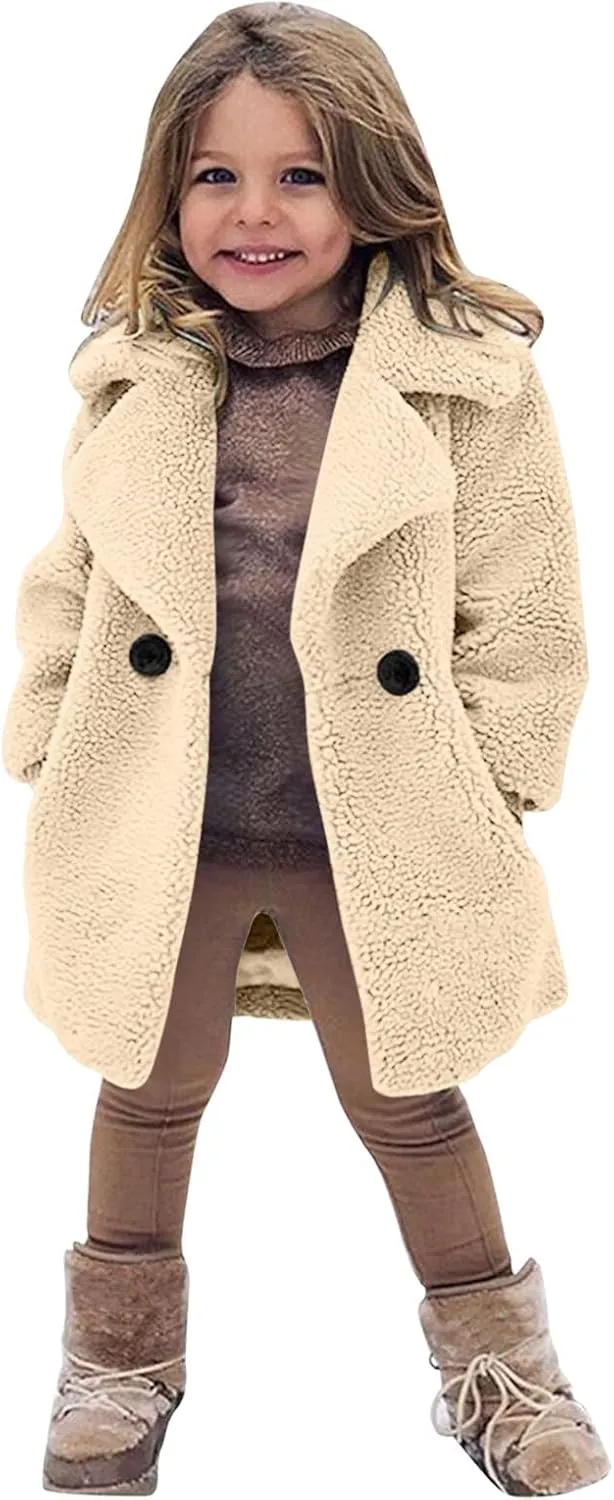 Toddler Baby Girls fleece Coats Fleece Fuzzy Trench Coat Collar Open Front Teddy Long Winter Warm Fl𝐮ffy Outwear